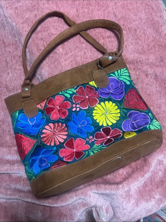 Handbags - Embroidered Floral Suede Tote Bag in Brown and Multicolor